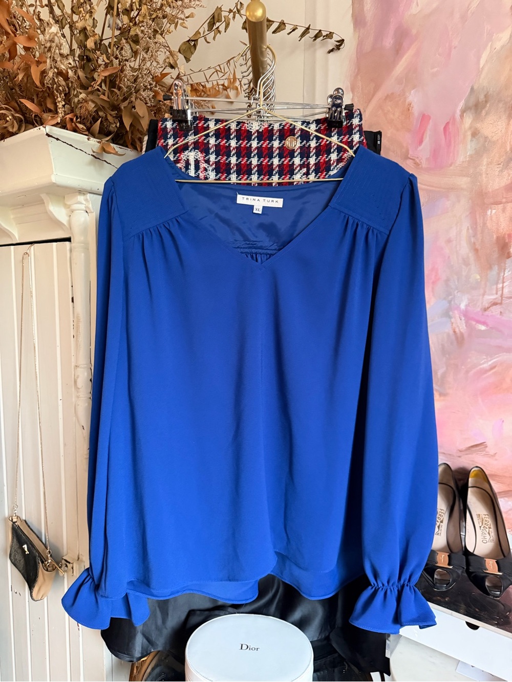 Trina Turk Royal Blue V-Neck Long Sleeve Blouse
